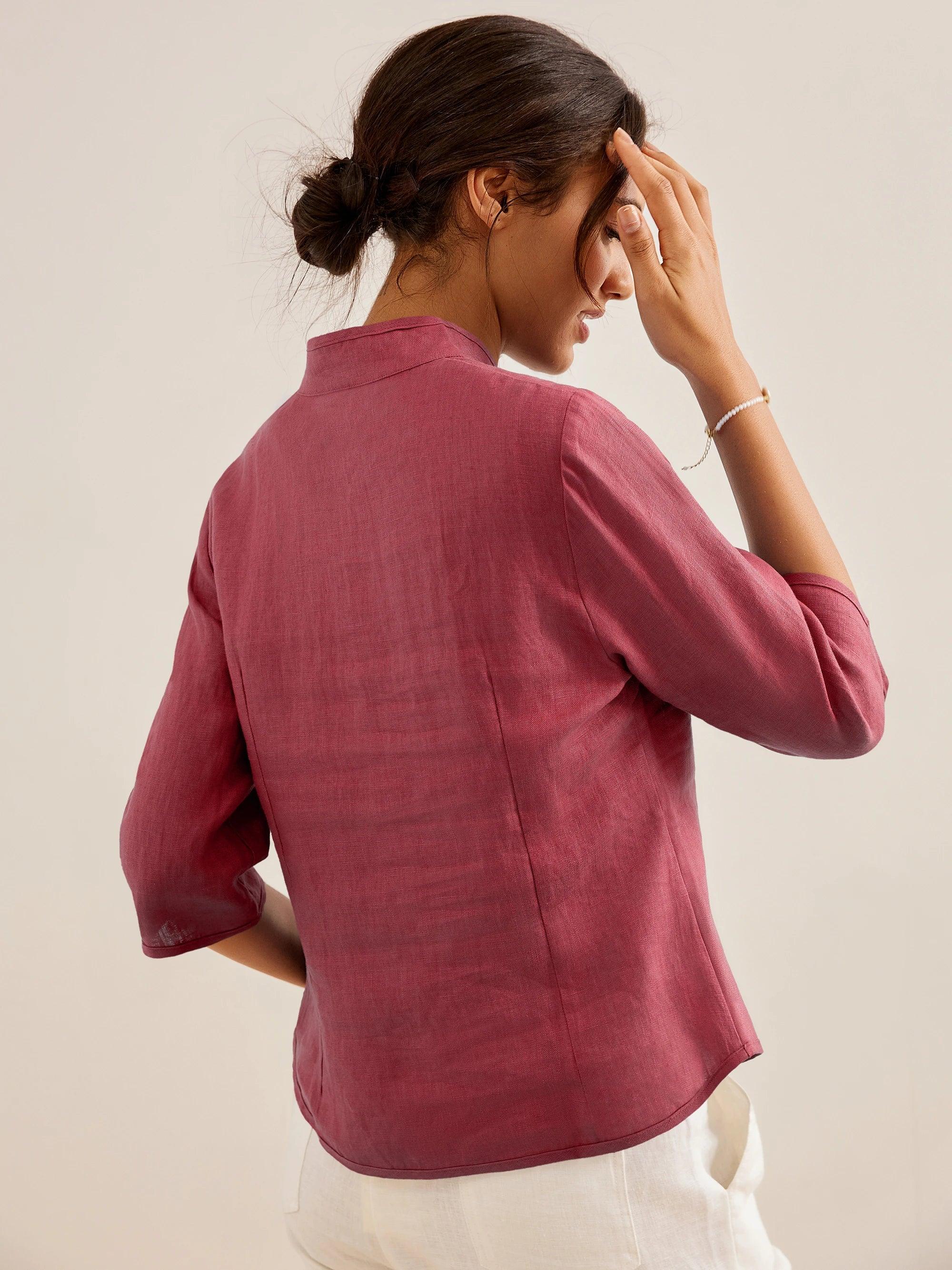 100% Linen Hand Button Fitted Jacket AMELIA - TOPS-Linen Jackets