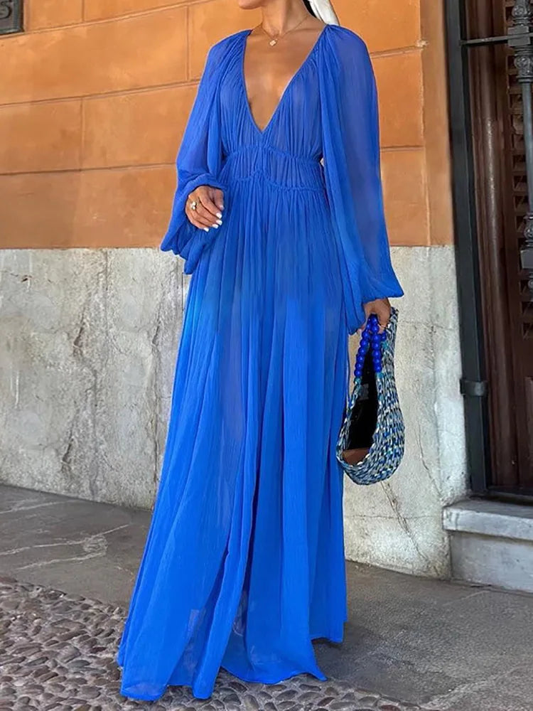 Vestido largo de gasa con cintura fruncida