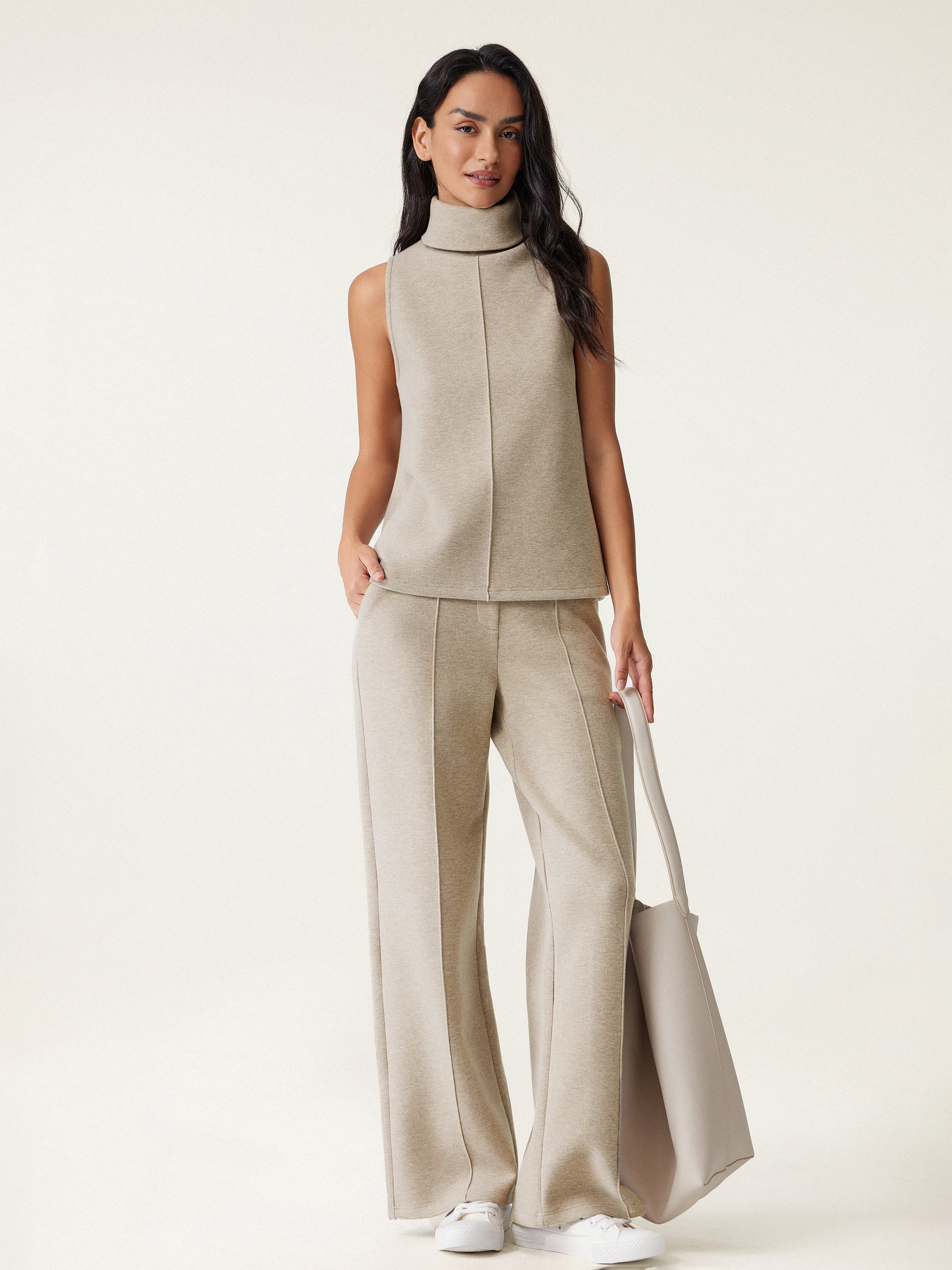 2Pcs Set Split Hem Top & High Waisted Straight Leg Pant Set